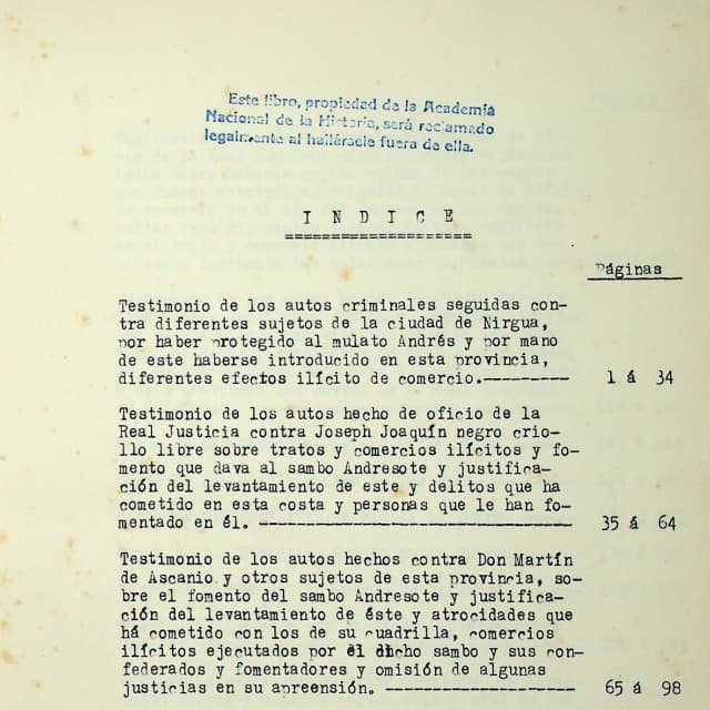 Traslados de Nectario María. Documentos del Zambo Andresote. Tomo 2, N°60, Año 1732, Legajo 782.