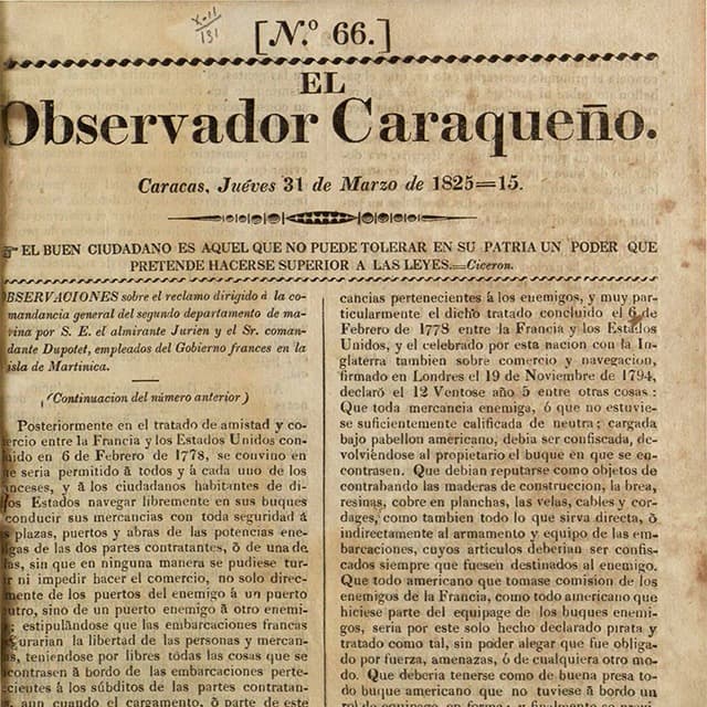 El Observador Caraqueño - 31 Marzo 1825 N°66