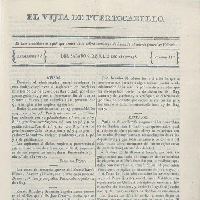 El Vigía de Puerto Cabello - 2 Jul 1825 N°11 -Supl