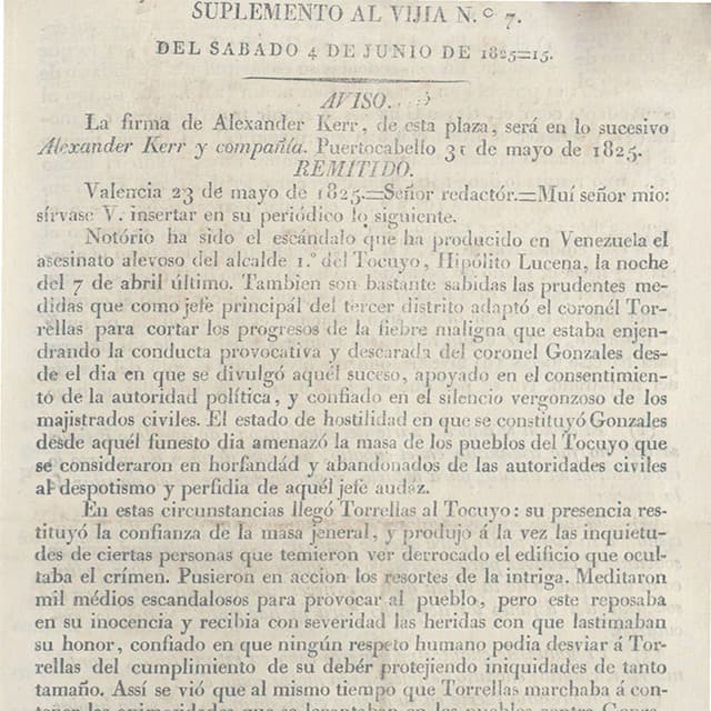 El Vigía de Puerto Cabello - 4 Junio 1825 N°7 Supl