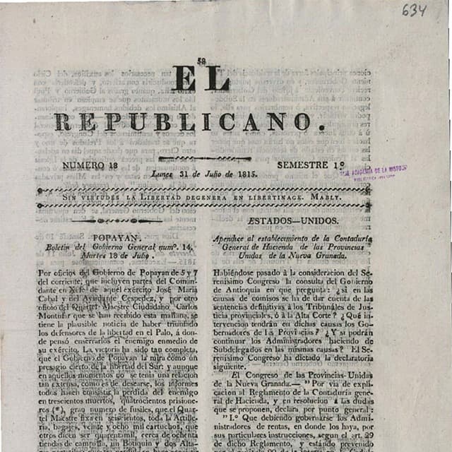 El Republicano de Tunja - 31 Julio 1815 N°18