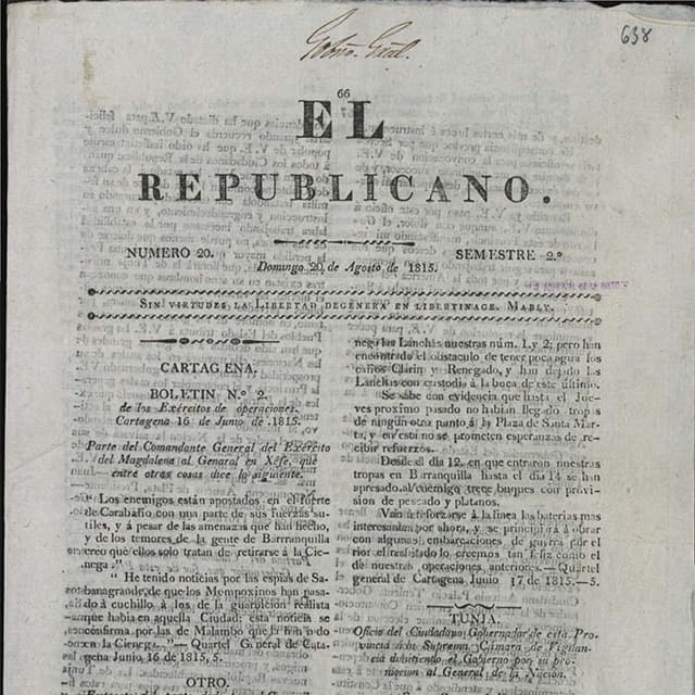 El Republicano de Tunja - 20 Agosto 1815 N°20